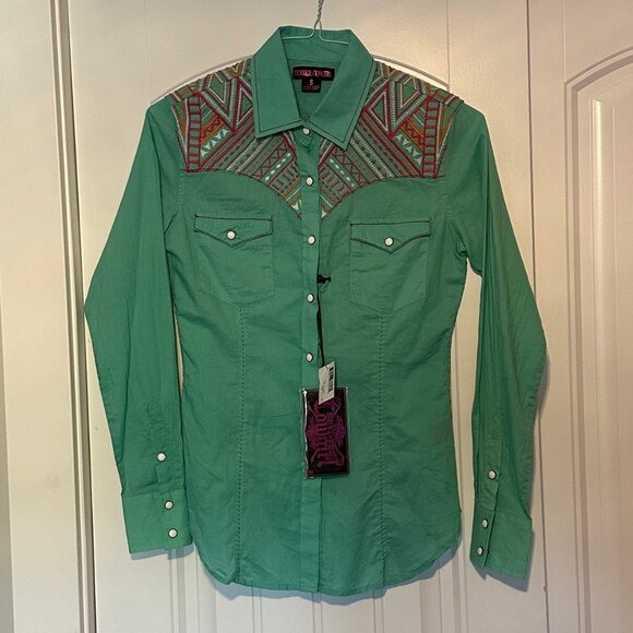 RRWSOSRZ13 Rock & Roll Cowgirl Paisley Print Western Snap Shirt - Teal main image 1